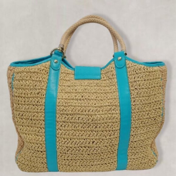Talbots Woven Tote Bag 100% Paper Straw Leather Trim Gold Hardware Teal & Beige - Picture 3 of 12